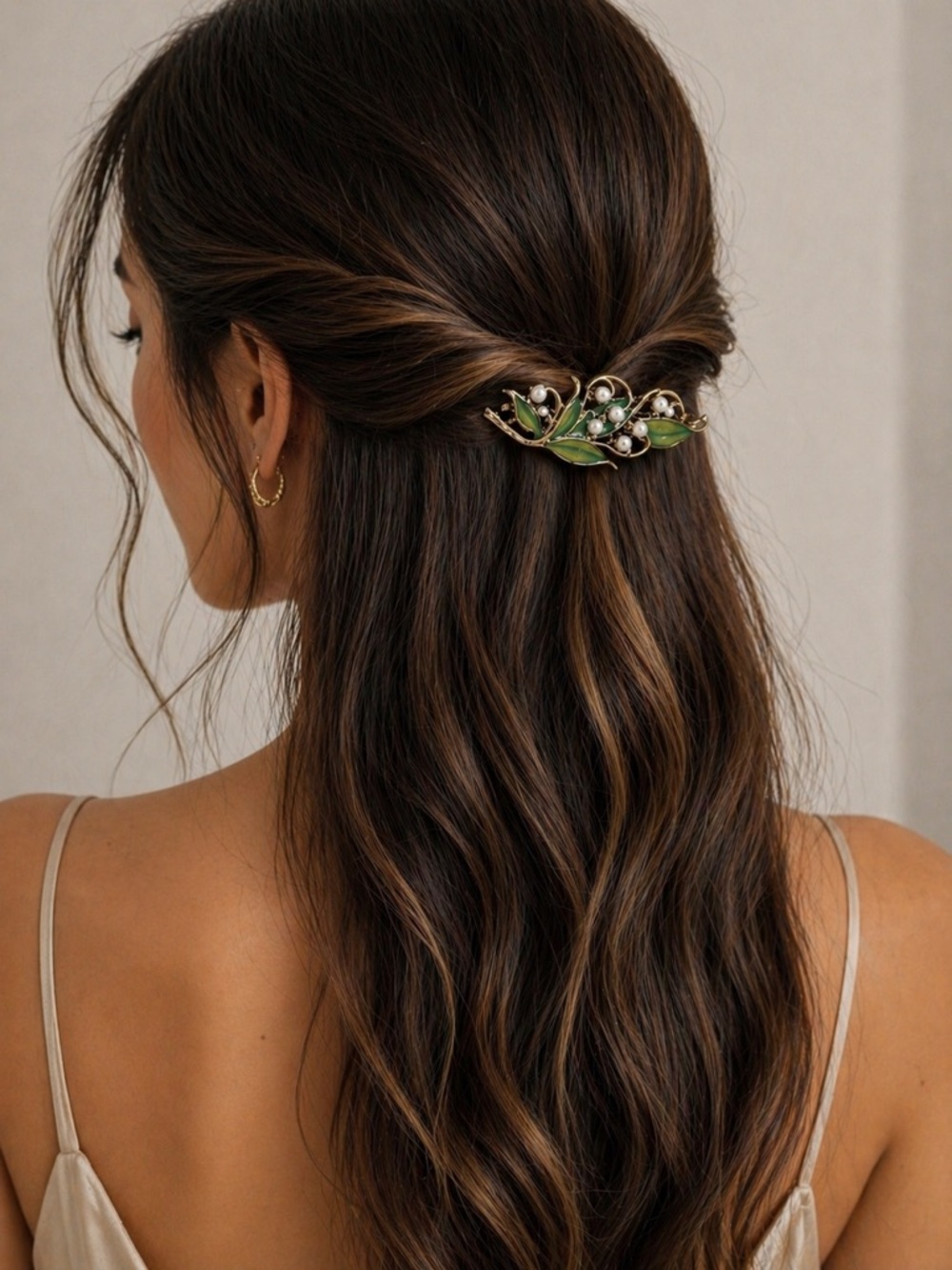 Vintage Gold Leaf Hair Barrette with Pearl Accents